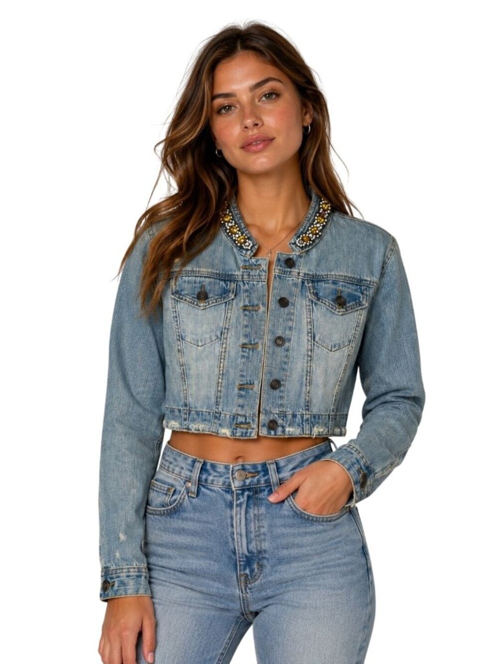 Y2K Forever 21 Cropped Denim Jacket Large Embellished Collar Distressed Light Wa